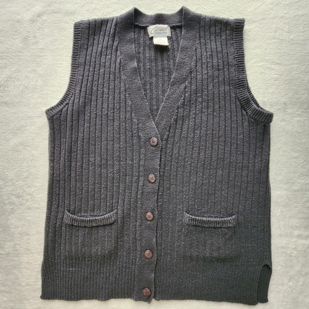Casual Connection Sweater Vest Mens Large Ribbed Knit Button Front Wool‎ Blend